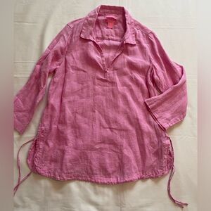 Isaac Mizrahi Women's Pink V Neck 3/4 Sleeve 100% Linen Tunic Top Small